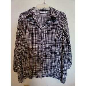 Croft & Barrow Black White Button Up Career Blouse 3X Long Sleeve Semi Fitted